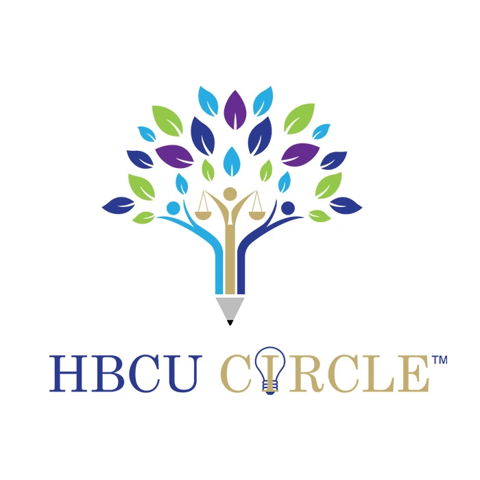 HBCU Circle Logo Design Colorful tree logo with a pencil trunk and scales of justice figure for HBCU Circle.