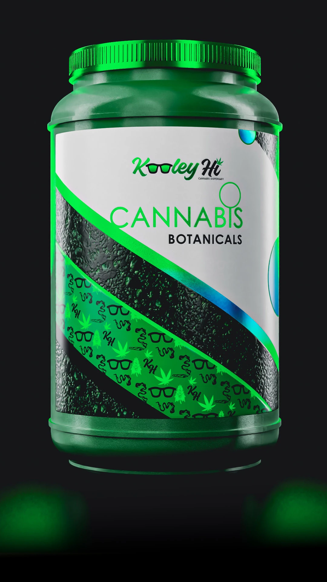 creative-services-kooley-hi-cannabis-jar-packaging-design Green Kooley Hi Cannabis Botanicals jar with a textured label on a dark background.