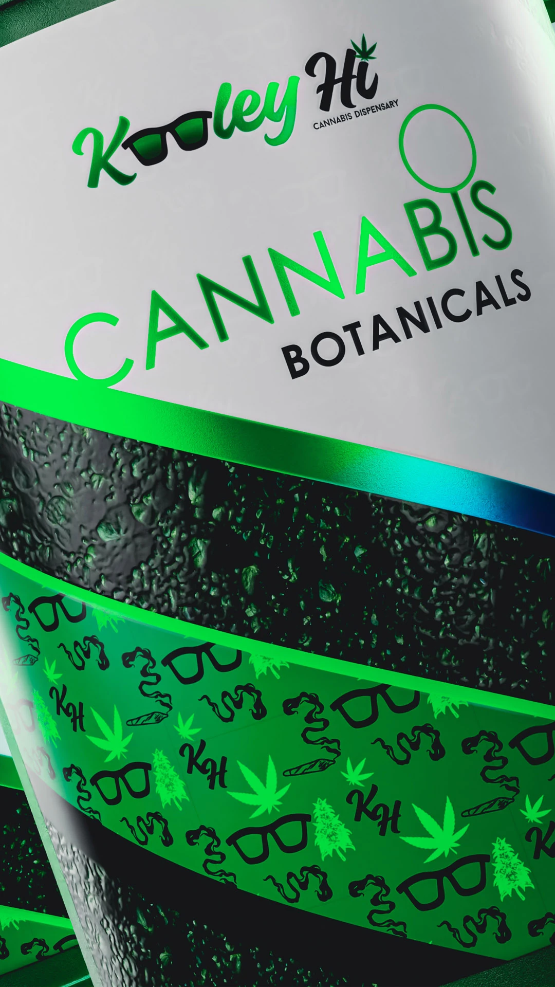 creative-services-kooley-hi-cannabis-label-closeup Close up of the Kooley Hi Cannabis Botanicals jar label showing the sunglasses logo pattern.