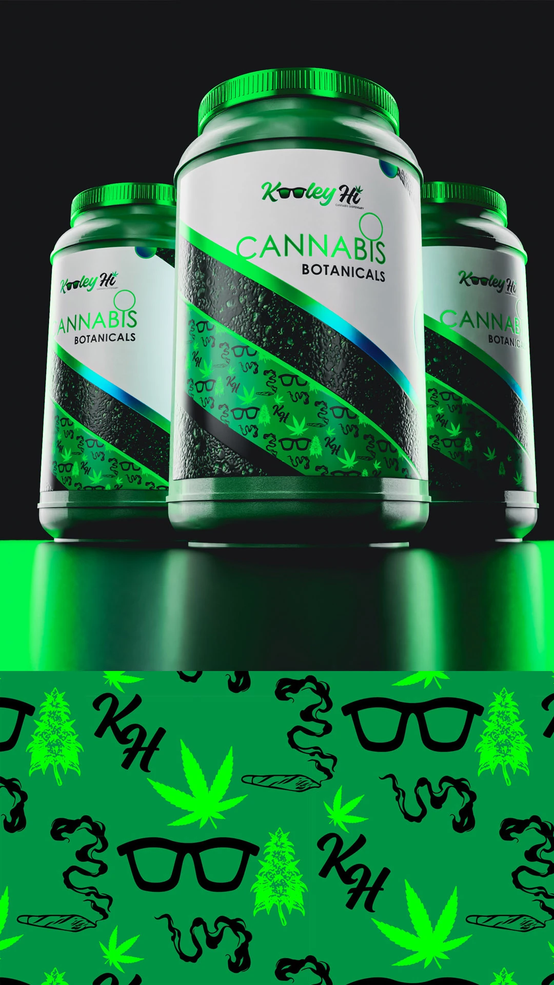 creative-services-kooley-hi-cannabis-packaging-pattern Three Kooley Hi Cannabis Botanicals jars above a repeating green leaf and sunglasses pattern.