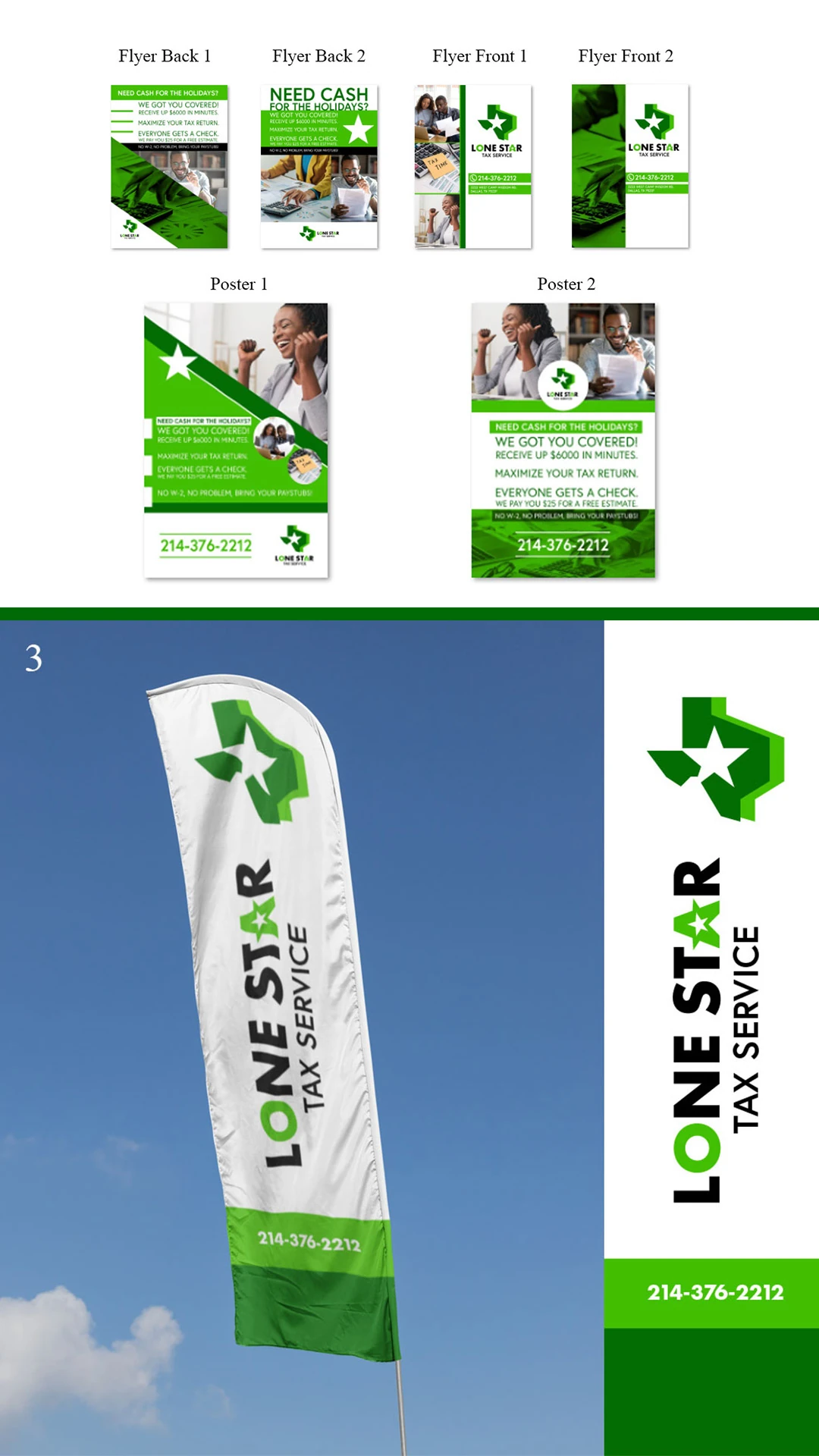 creative-services-lone-star-tax-service-marketing-materials Green and white Lone Star Tax Service flyers, posters, and feather flag mockups displayed together.