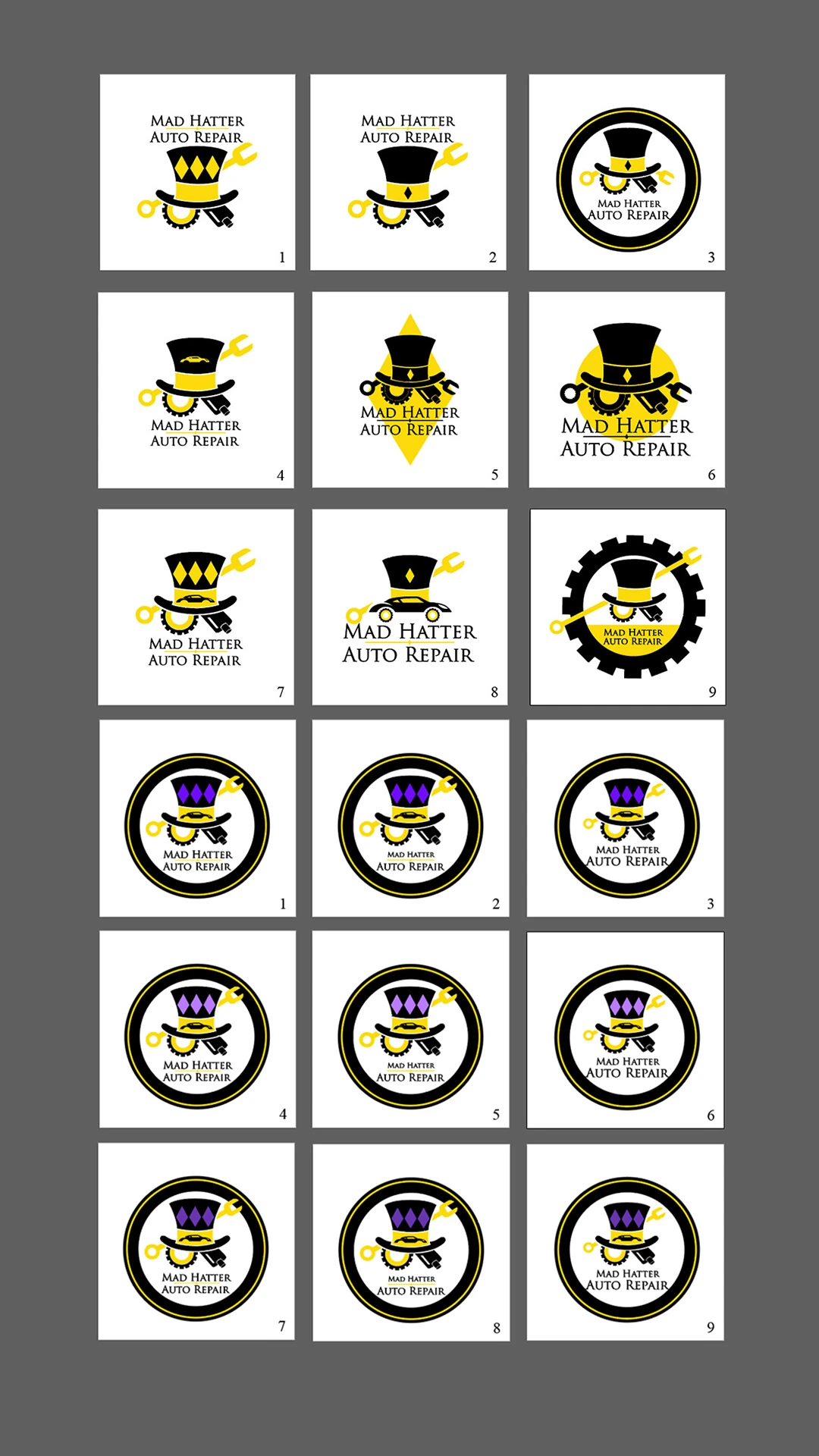 creative-services-mad-hatter-auto-repair-logo-concepts Grid of black, yellow, and purple Mad Hatter Auto Repair top hat logo design concepts.