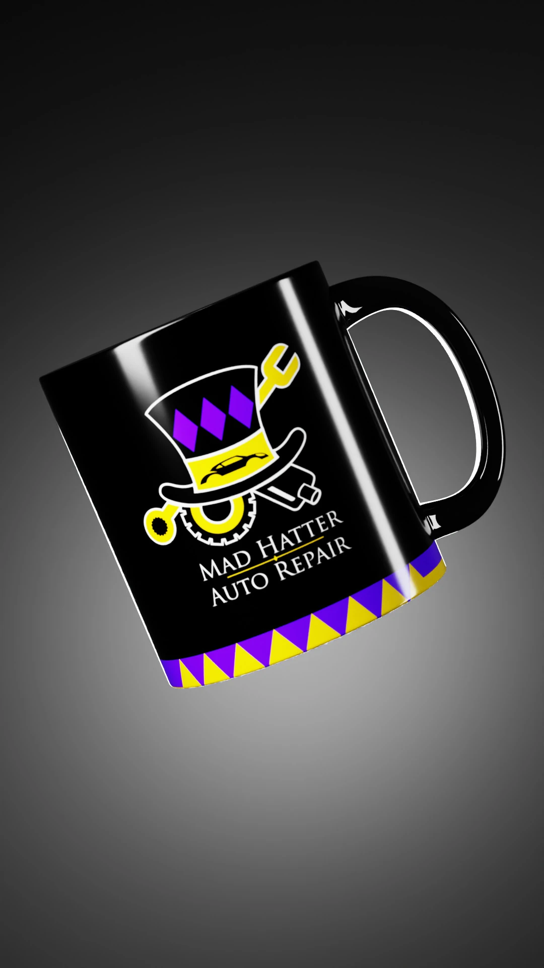 Mad Hatter Auto Repair Mug Mockup Black coffee mug printed with the Mad Hatter Auto Repair top hat logo and checkered trim.