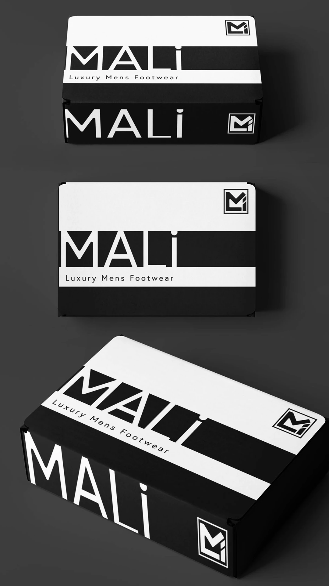 creative-services-mali-shoe-box-packaging-design Black and white Mali Luxury Mens Footwear shoe boxes shown from three angles.