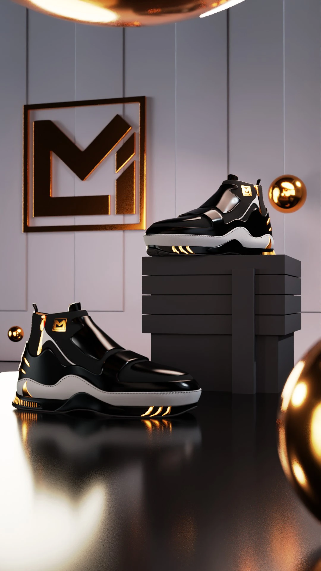 creative-services-mali-sneaker-3d-product-render Black and gold Mali sneakers displayed on a pedestal beside the brand's wall mounted logo.