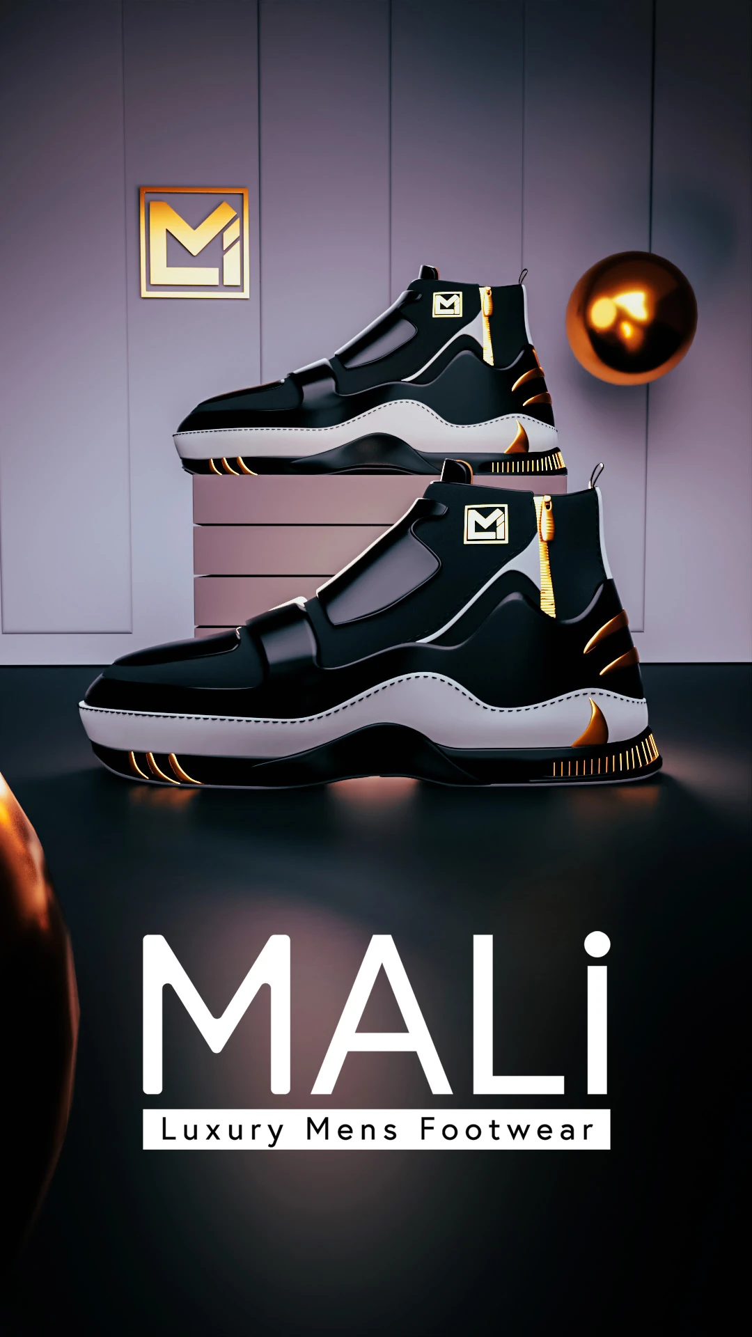 creative-services-mali-sneaker-advertising-poster-design Black and gold Mali sneakers displayed on a pedestal beside the brand's wall mounted logo.