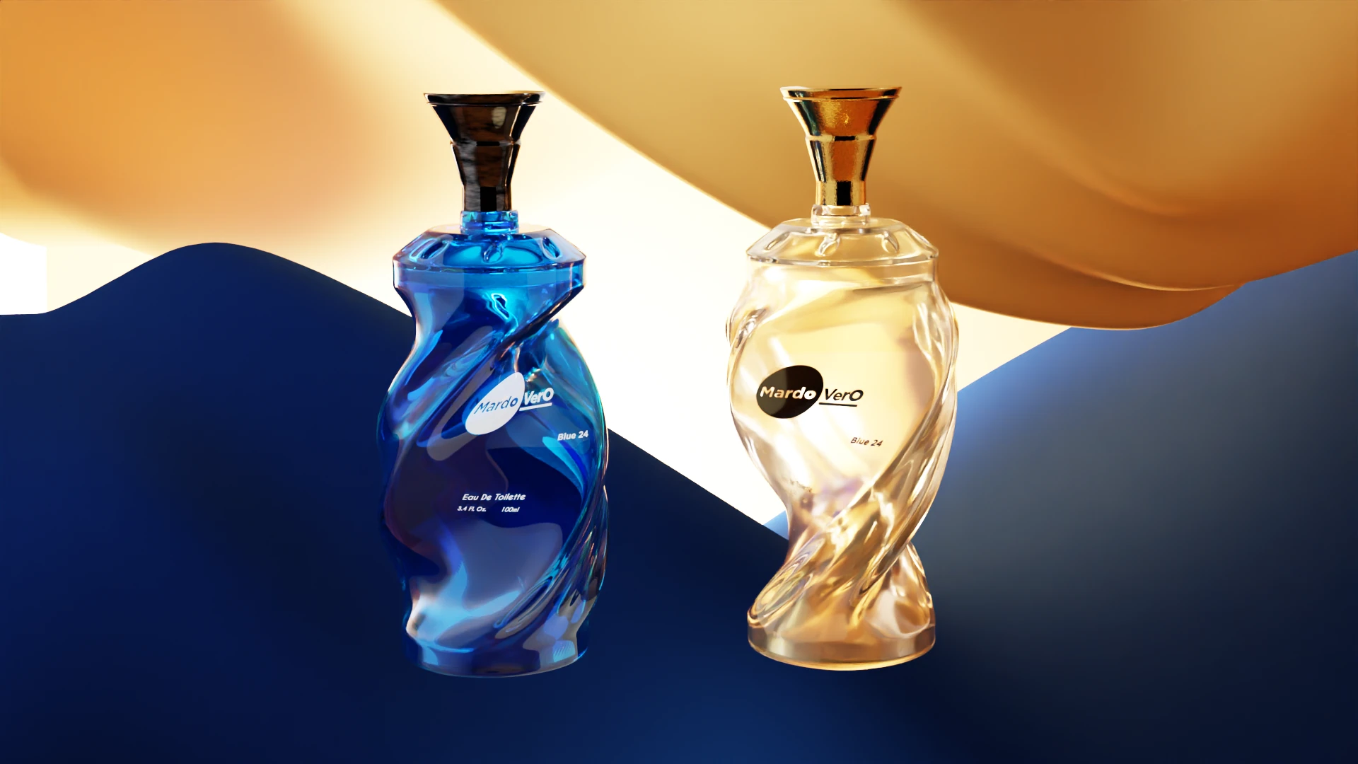 Vero Perfume Bottle Packaging Design Blue and gold Mardo Vero perfume bottles displayed together against a navy and gold backdrop.