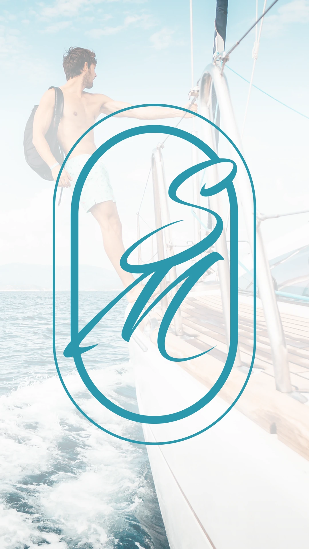 creative-services-monogram-logo-design-sailboat Teal oval monogram logo overlaid on a photo of a man stepping onto a sailboat.