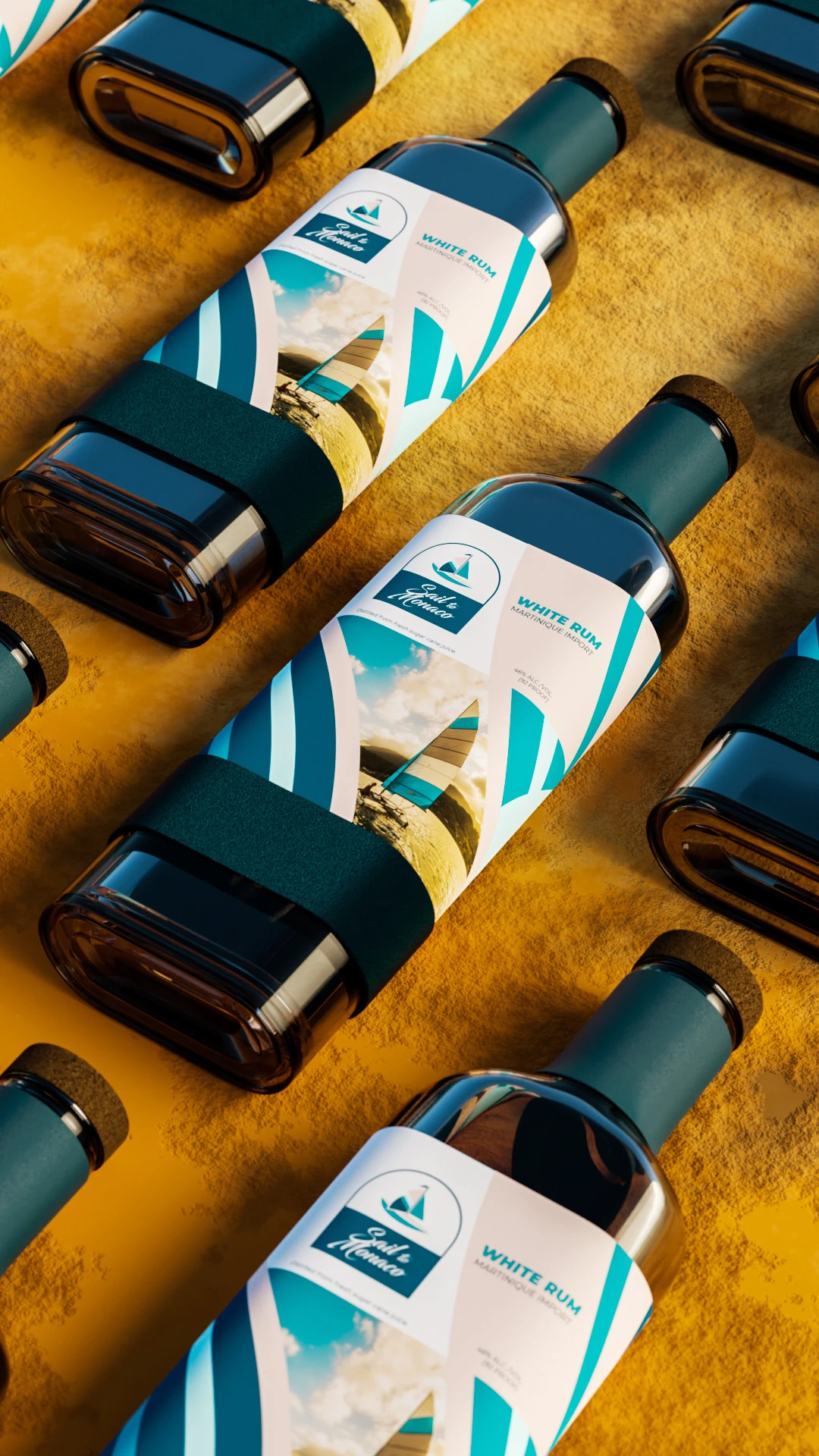 creative-services-sail-to-monaco-rum-bottle-label-pattern Rows of Sail to Monaco white rum bottles with teal sailboat labels on a golden backdrop.
