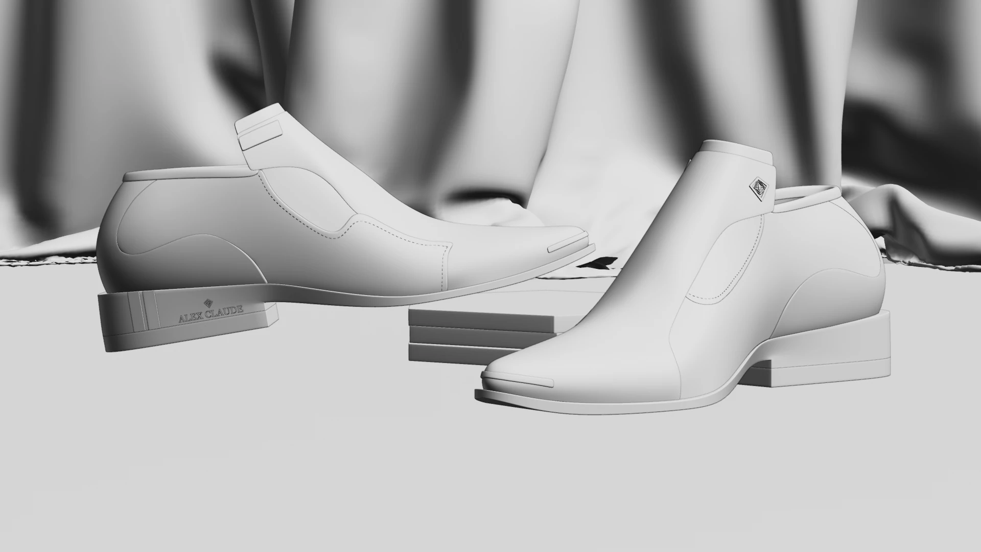 creative-services-shoe-3d-clay-render-alex-claude Grayscale clay render mockup of two Alex Claude dress shoes shown as creative services 3D modeling work.