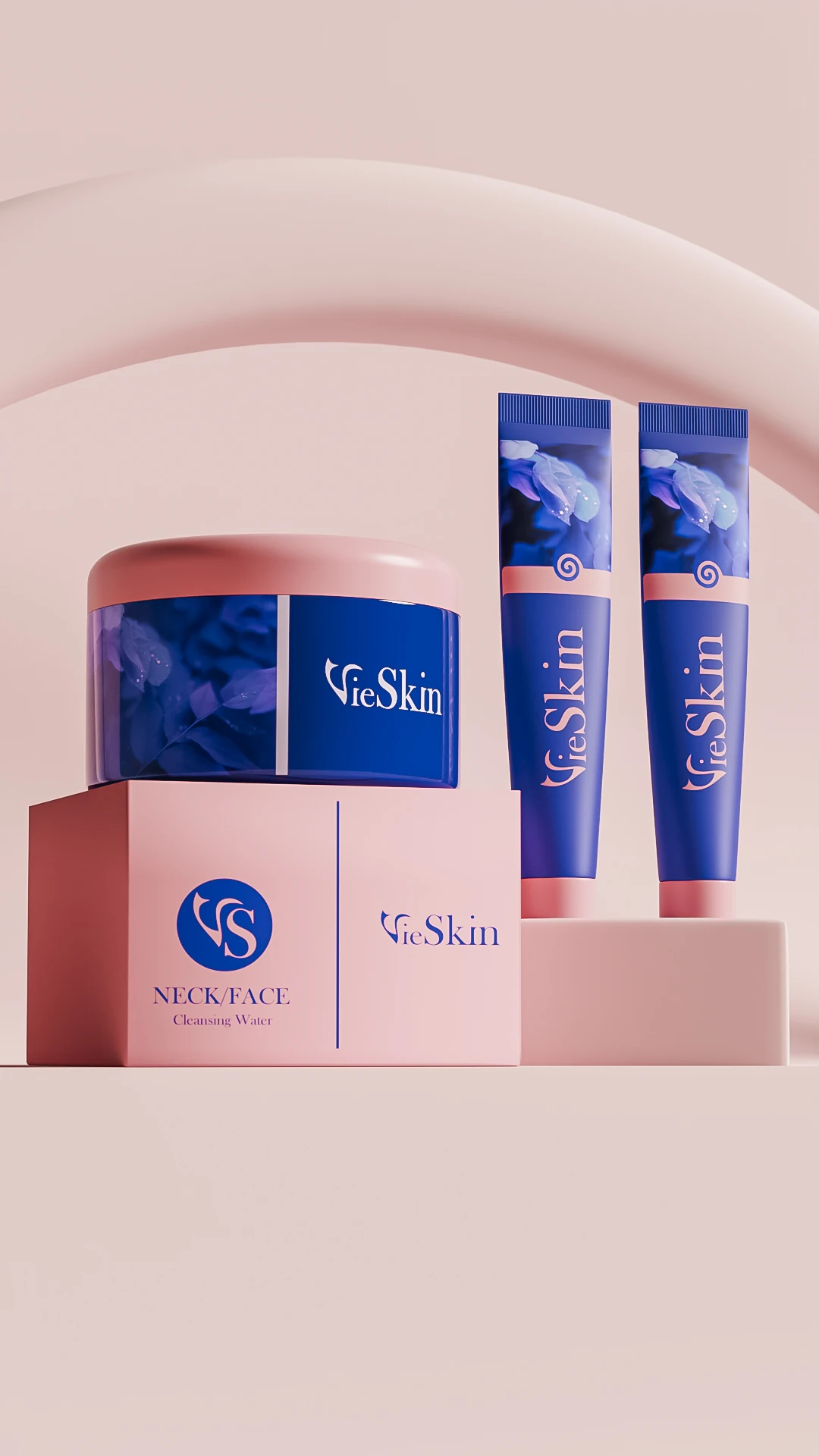 Neck Face Skincare Packaging Design VieSkin neck and face cleansing water jar and two cream tubes displayed under a pink arch.