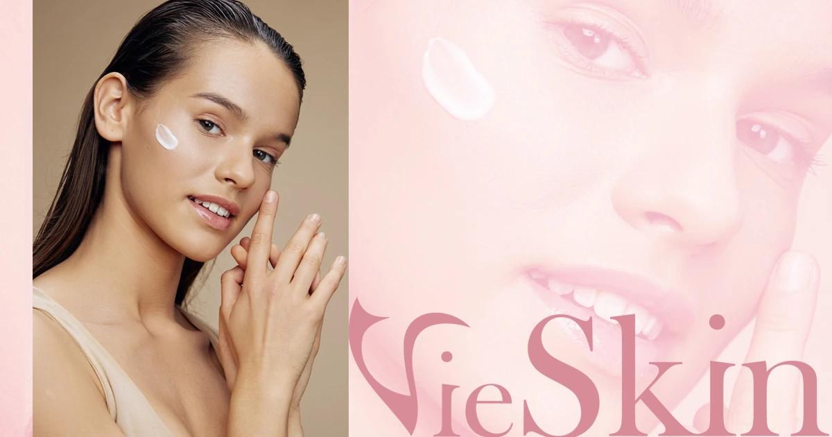 VieSkin Skincare Advertising Design Woman applying face cream beside the VieSkin logo in a soft pink skincare advertisement.