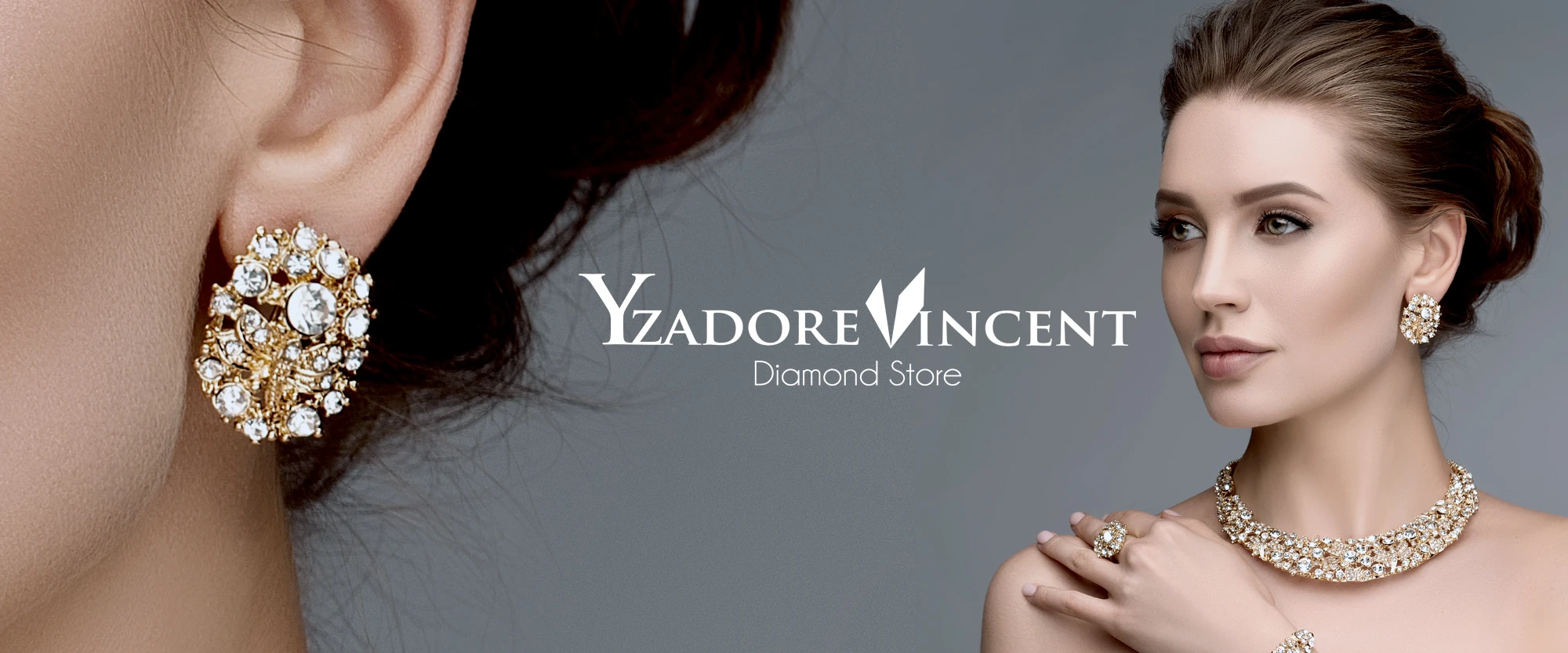 Yzadore Vincent Jewelry Advertising Model wearing diamond earrings and a necklace in a Yzadore Vincent jewelry advertisement.