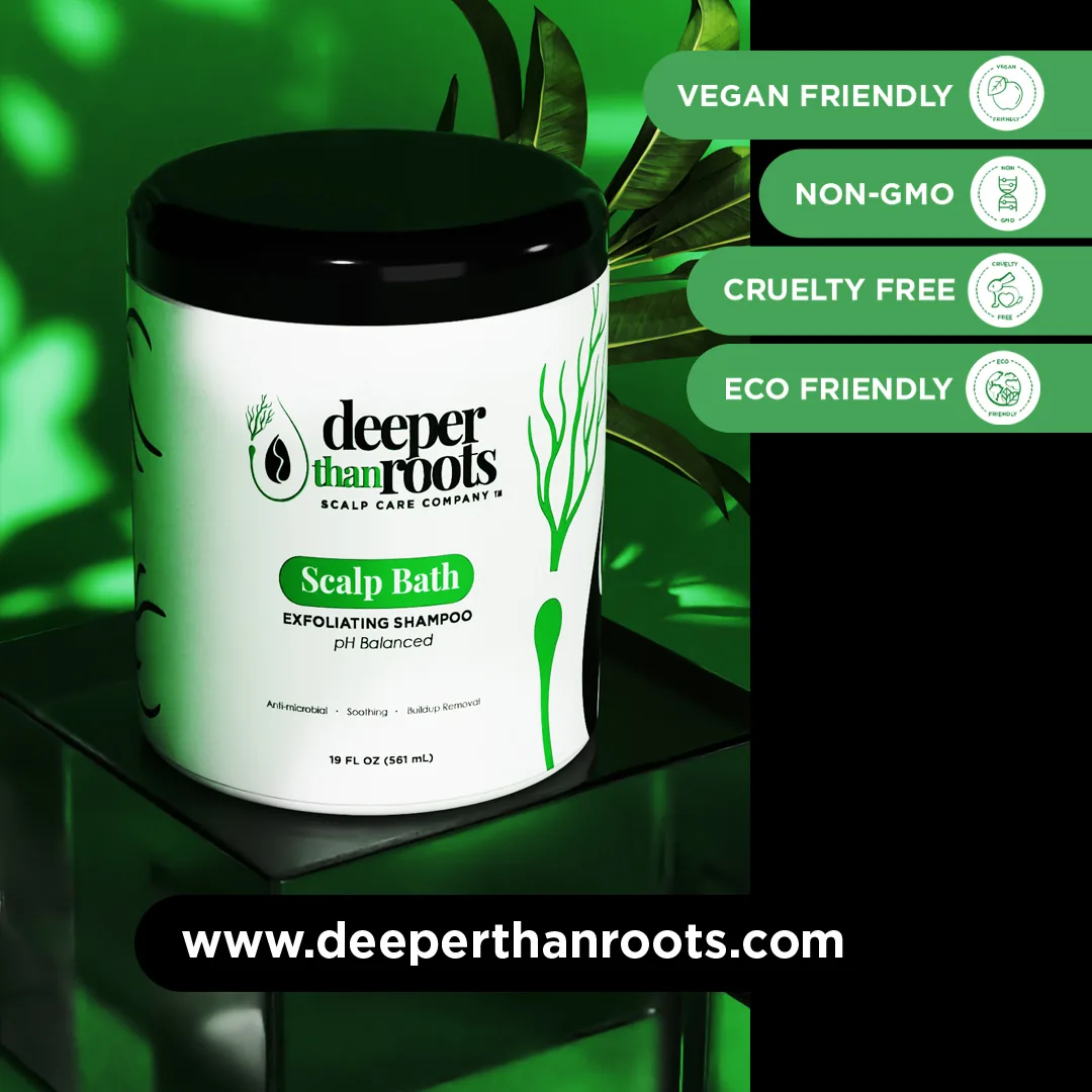 Deeper Than Roots Scalp Bath Product Brand Design White Deeper Than Roots Scalp Bath shampoo jar on a green backdrop with product badges.