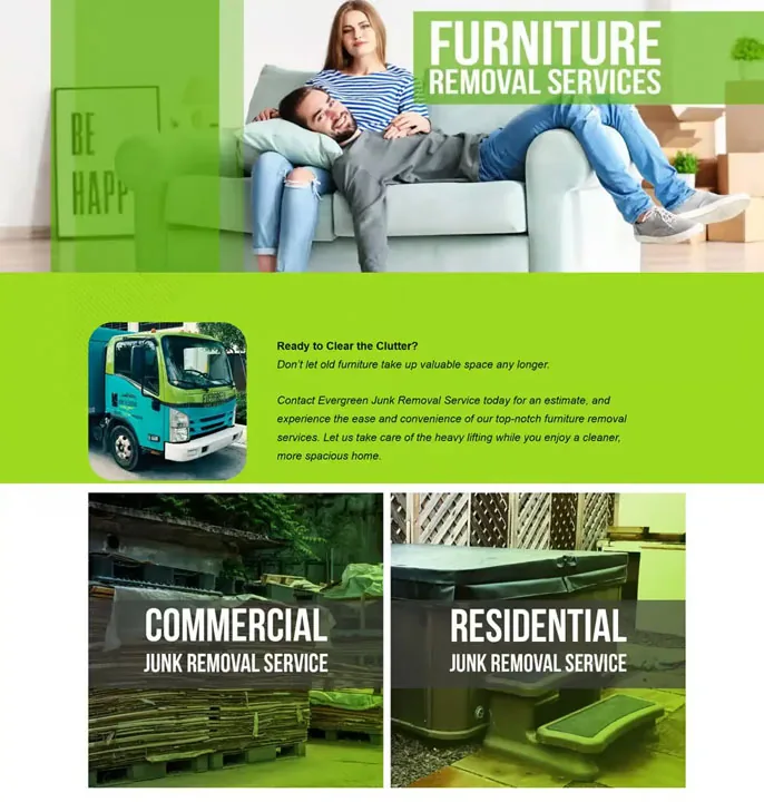 furniture-removal-services-page-website-design Green-toned service page with a couple on a couch, a truck, and two service panels, website design layout.
