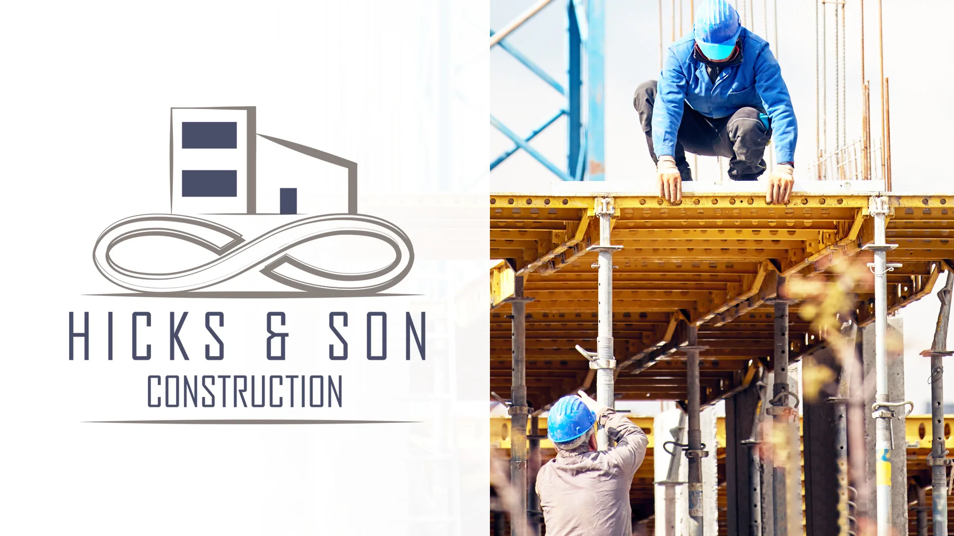 Hicks and Son Construction industry design Two construction workers in blue hard hats on yellow formwork beside a Hicks and Son logo.