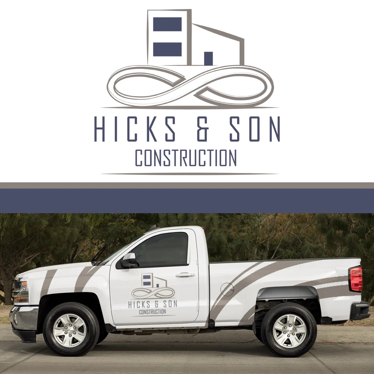 hicks-and-son-construction-truck-industry-design Hicks and Son Construction logo above a white pickup truck with tan stripes and door logo.