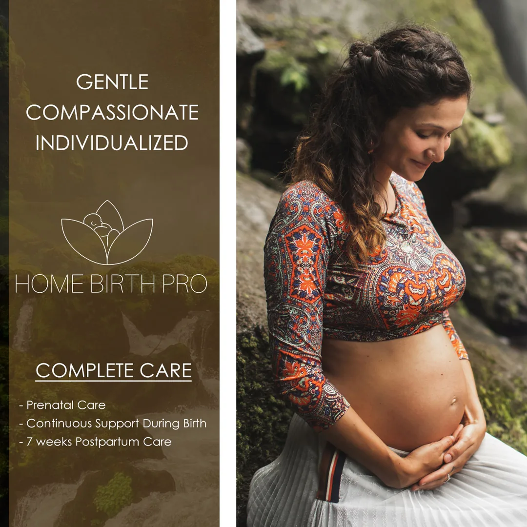 Home Birth Pro maternity care industry design Pregnant woman in a patterned top sitting by mossy rocks beside a Home Birth Pro panel.