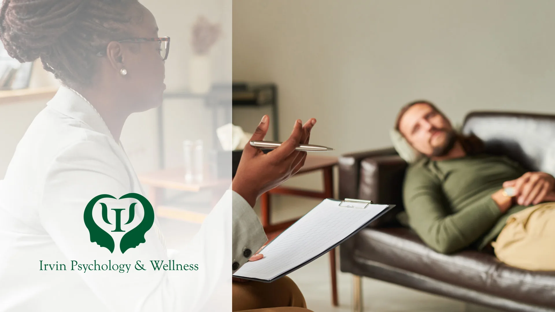 Irvin Psychology and Wellness industry design therapy session Therapist holding a clipboard and pen while a man lies on a leather couch.