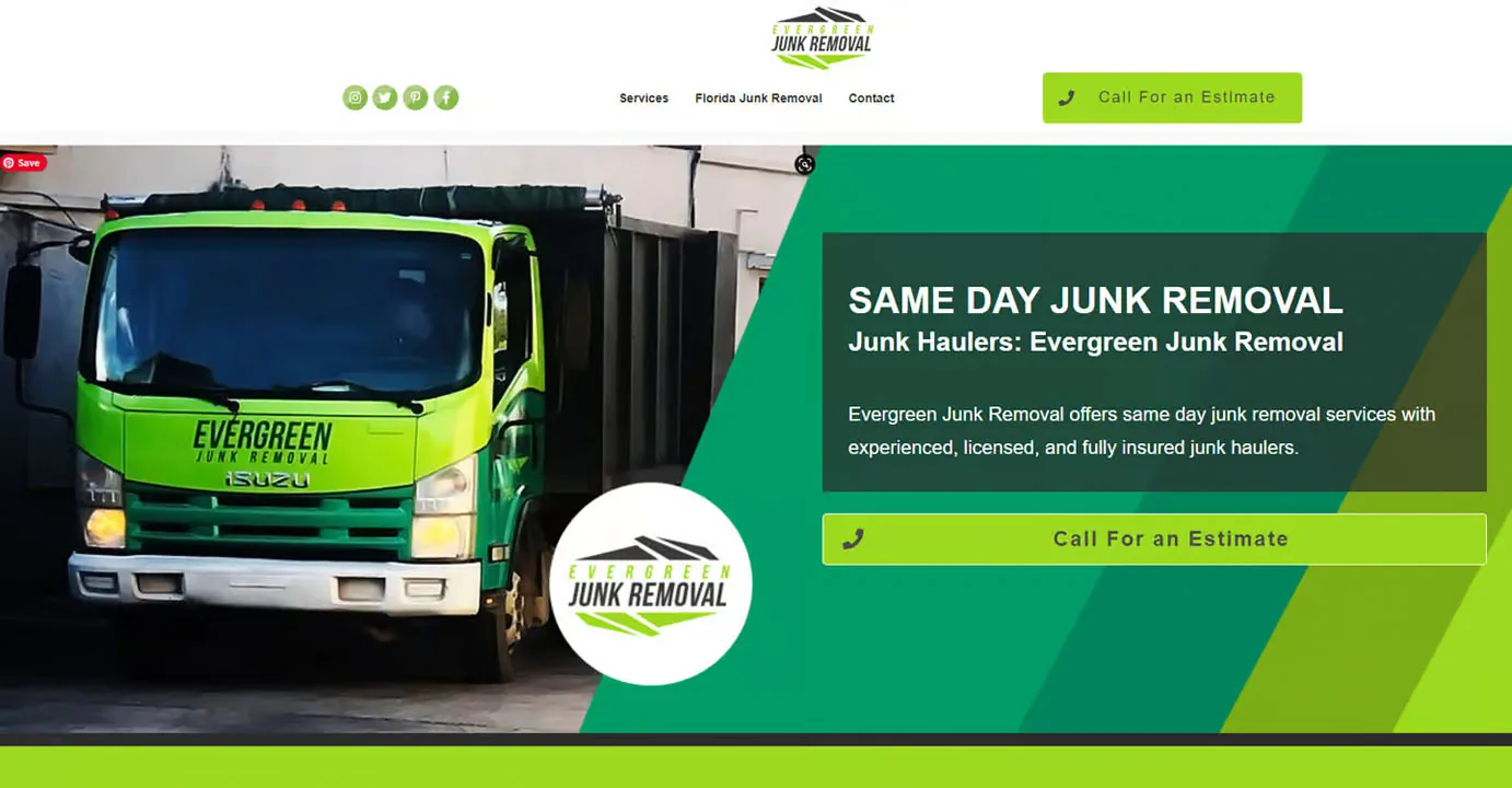 junk-removal-homepage-hero-website-design Homepage hero with a green junk removal truck and diagonal green panels, service business website design.