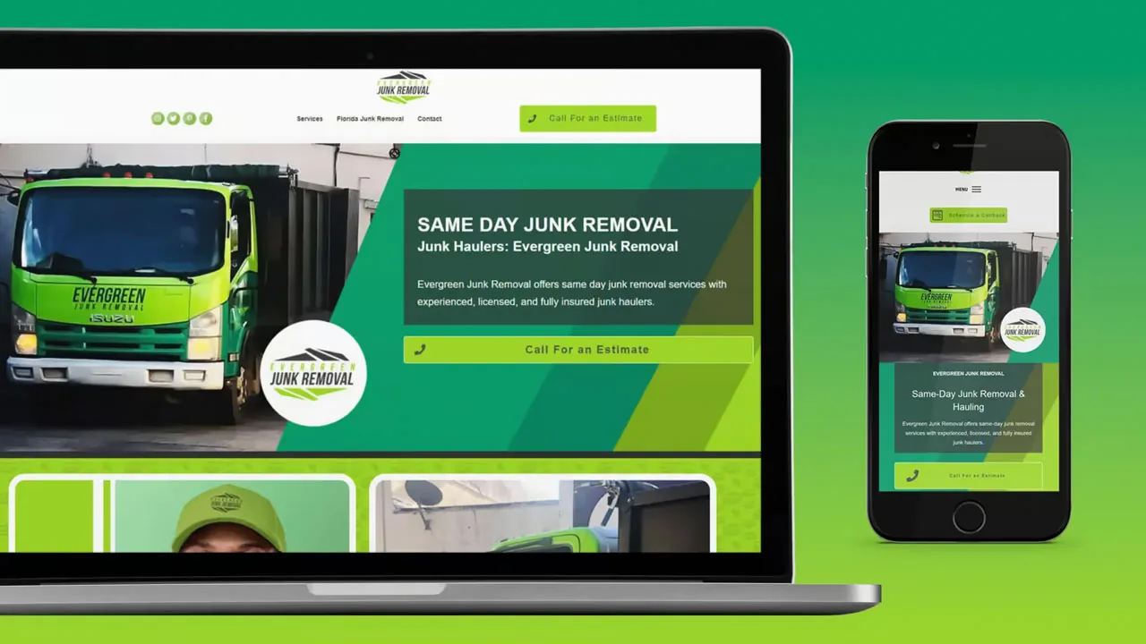 junk-removal-responsive-website-design-mockup Laptop and phone displaying a green junk removal homepage with a truck, responsive website design mockup.