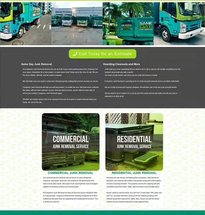 junk-removal-services-section-website-design Services section with a row of green trucks, a dark text block, and two service cards, website design.