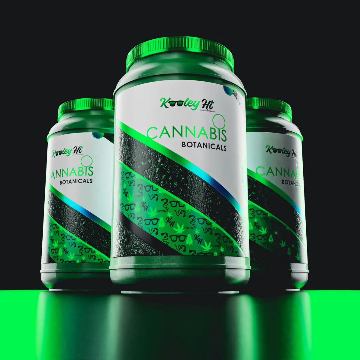 Kooley Hi cannabis botanicals jars industry design Three green-lidded Kooley Hi Cannabis Botanicals jars with diagonal patterned labels on black.