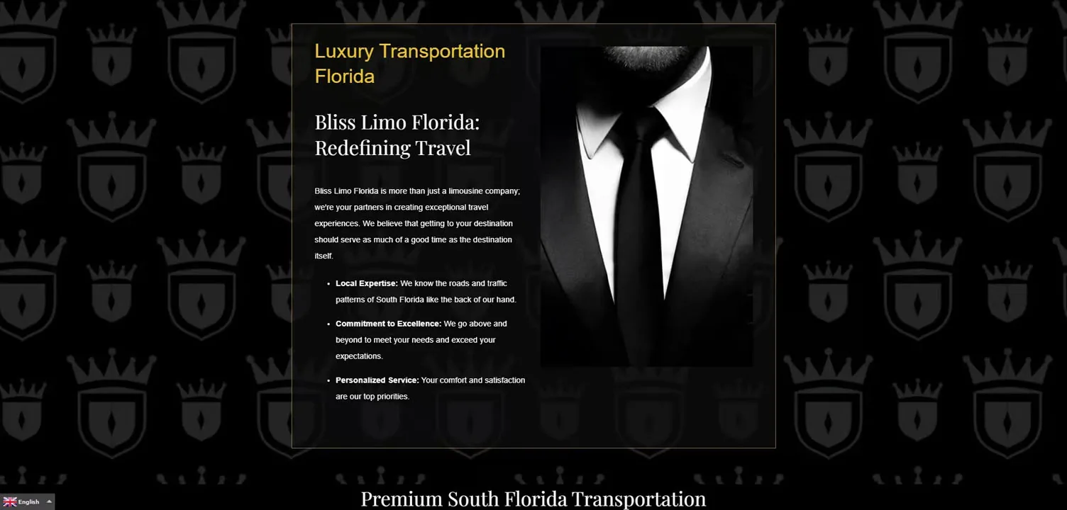 limo-company-about-section-website-design Black page with a crown-pattern background, gold headings, and a man in a suit and tie, limo website design.