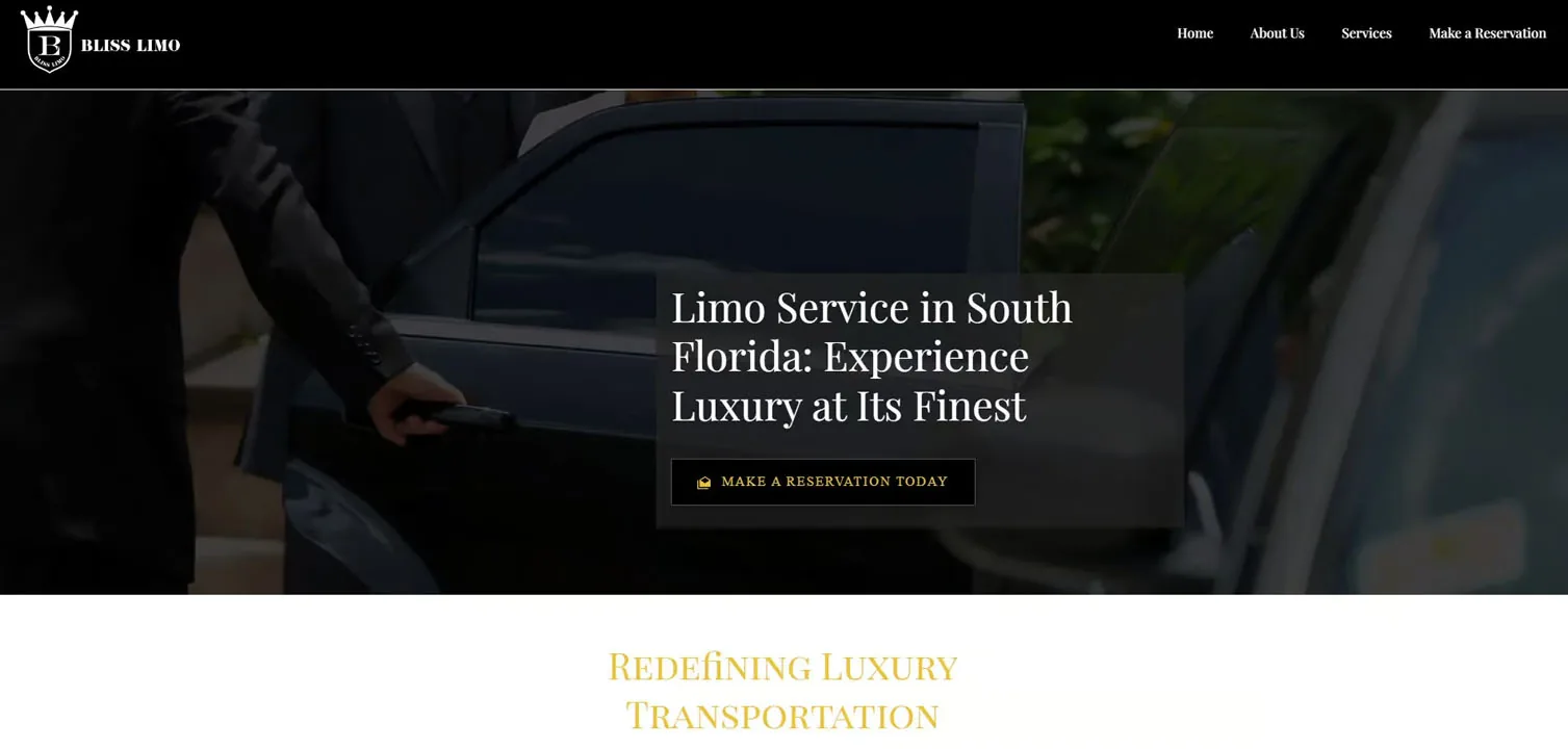 limo-service-homepage-hero-website-design Homepage hero with a chauffeur opening a black car door and a white serif headline, limo website design.