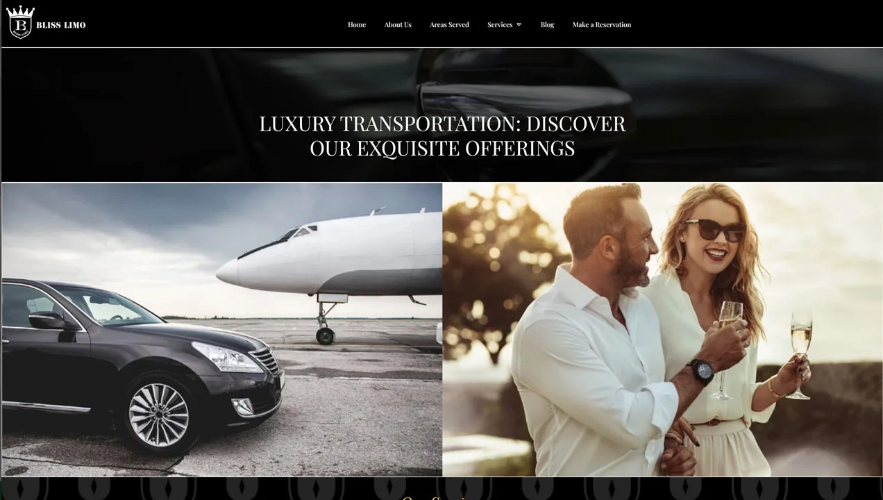 limo-service-website-design-luxury-section Dark webpage section with a black sedan beside a private jet and a couple toasting champagne, limo website design.