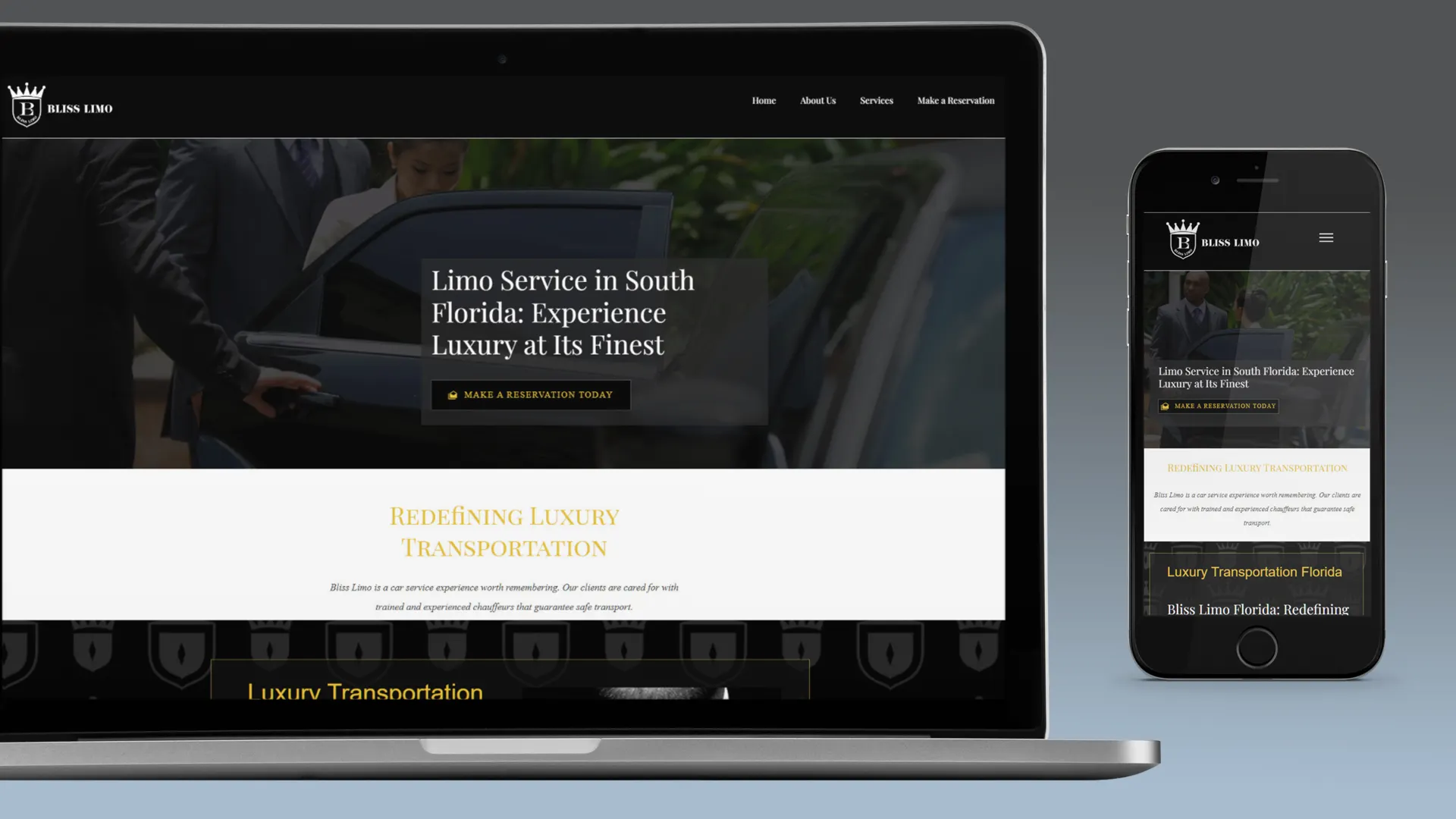 Bliss Limo Website Design A laptop and phone display the Bliss Limo homepage, showing a chauffeur opening a car door beside the transportation branding hero headline.