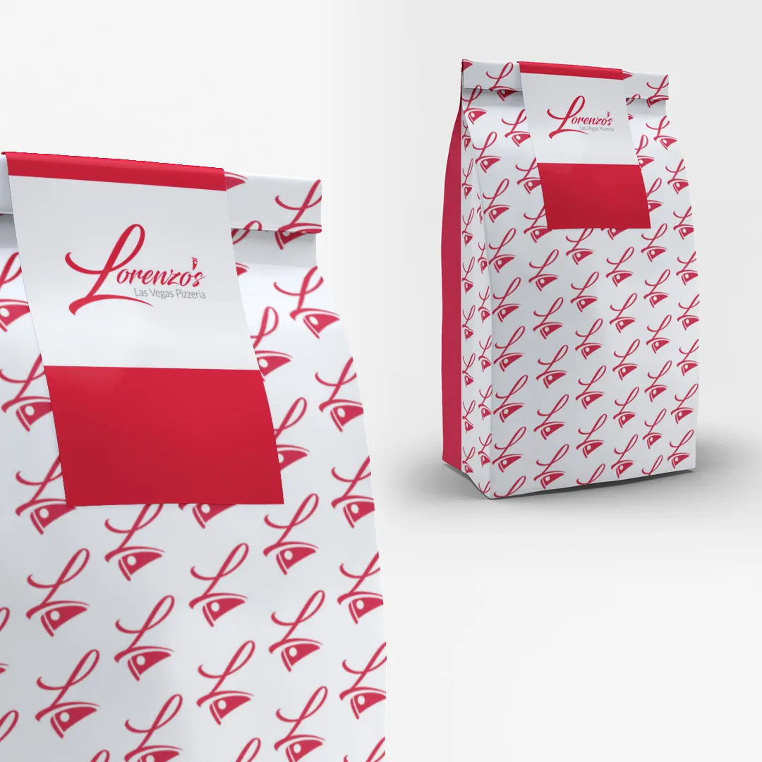 Lorenzos Pizzeria packaging industry design Two white paper takeout bags with a red L logo pattern and Lorenzo's label.