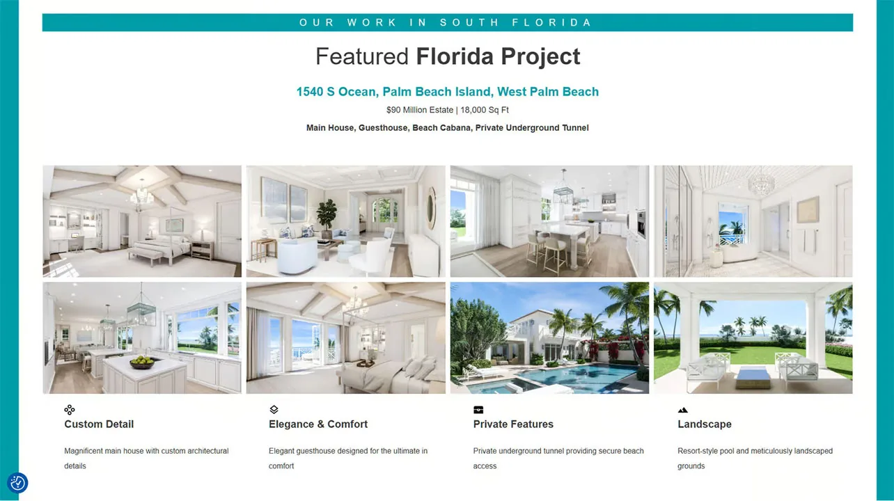 luxury-estate-project-gallery-website-design Eight-photo grid of bright white luxury estate interiors and a pool, featured project website design.