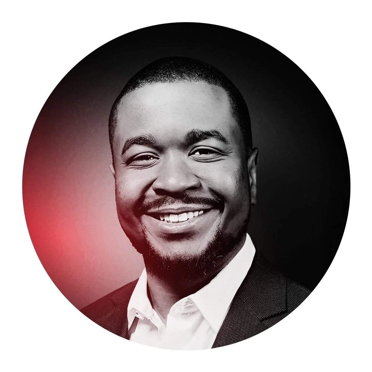 man-portrait-circle-logo-branding Black and white portrait of a smiling man in a suit, cropped into a circle with red lighting.