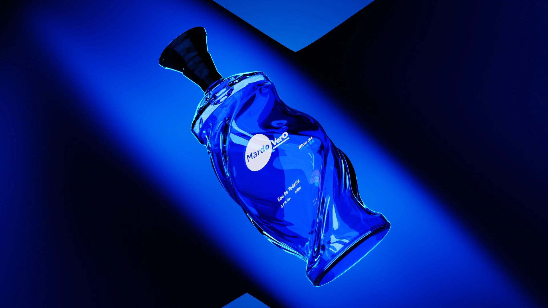 mardo-vero-blue-perfume-bottle Blue glass perfume bottle labeled Mardo Vero Blue 24 on a blue background.