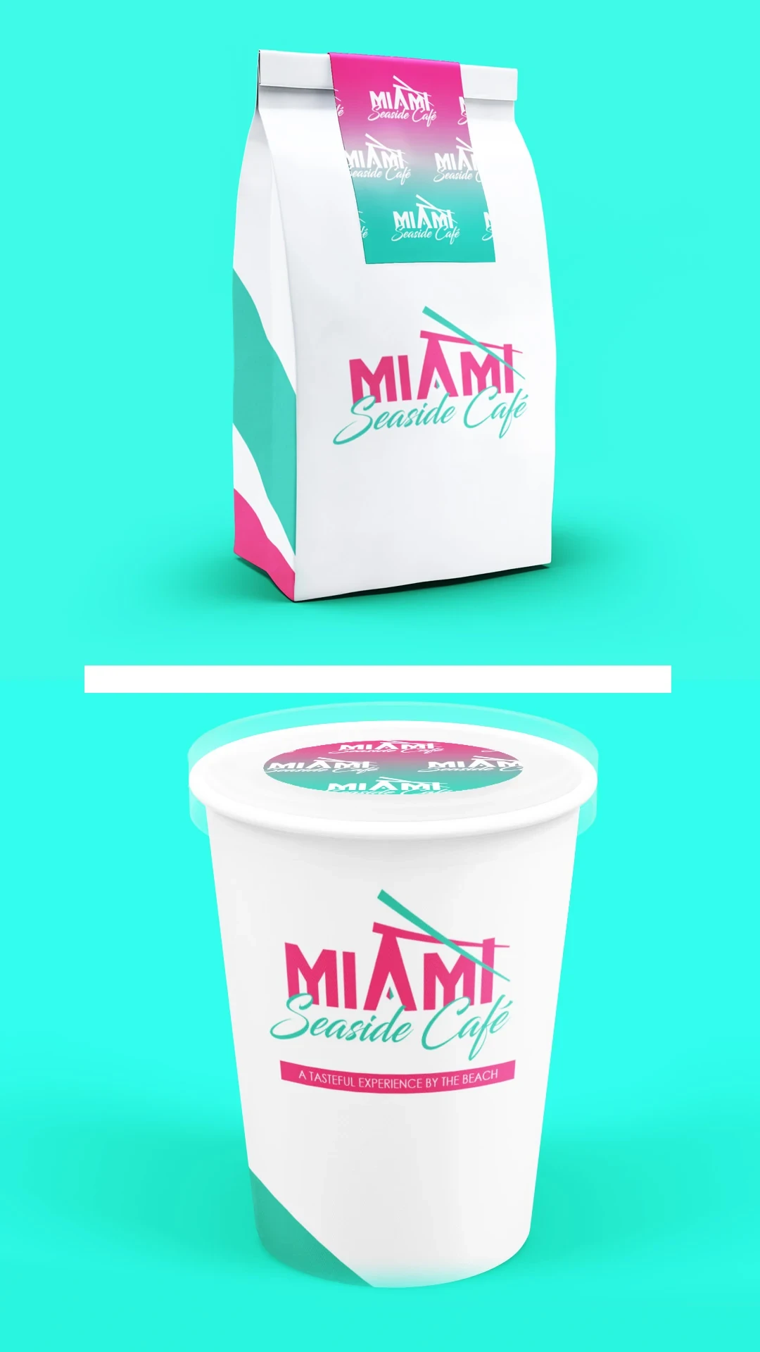 miami-seaside-cafe-coffee-packaging Miami Seaside Café coffee bag and matching cup displayed on a teal background.