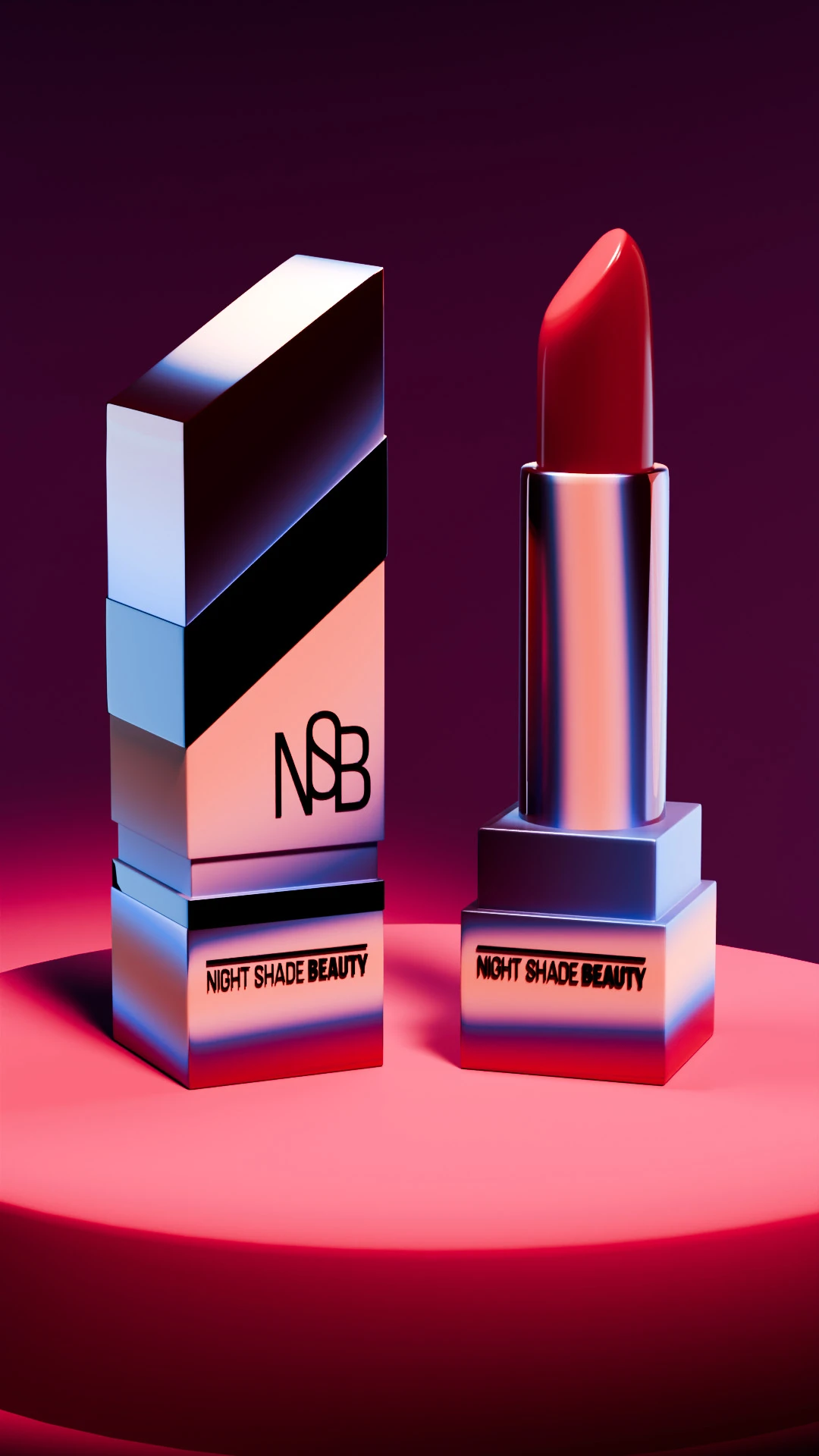 night-shade-beauty-lipstick-box Night Shade Beauty lipstick displayed next to its packaging box on a red background.