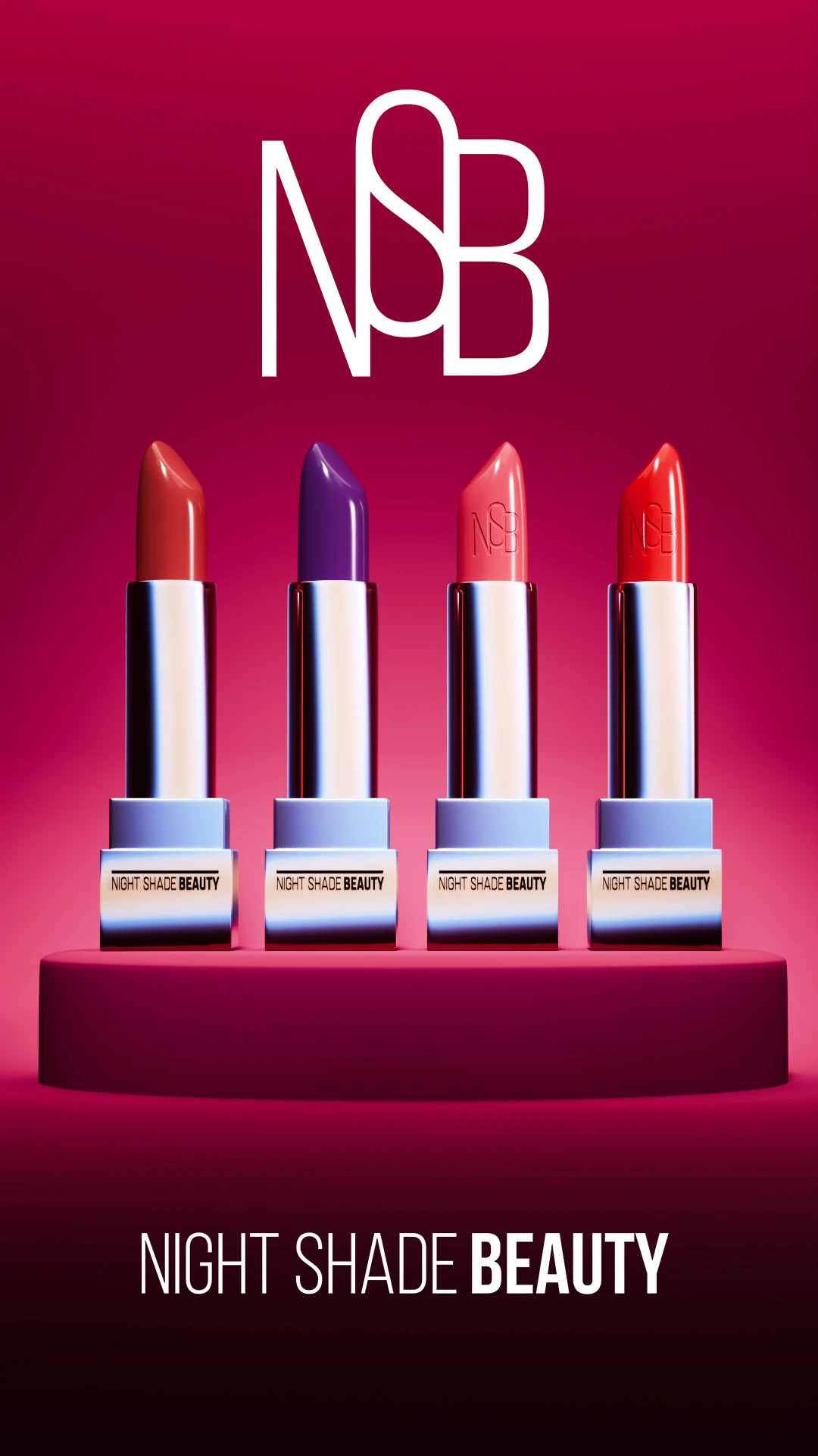 night-shade-beauty-lipstick-display Four Night Shade Beauty lipsticks in different shades displayed on a pink pedestal.