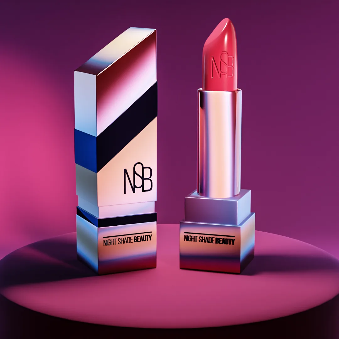 Night Shade Beauty Lipstick Packaging Design Metallic Night Shade Beauty lipstick and angled box on a pink pedestal against purple.