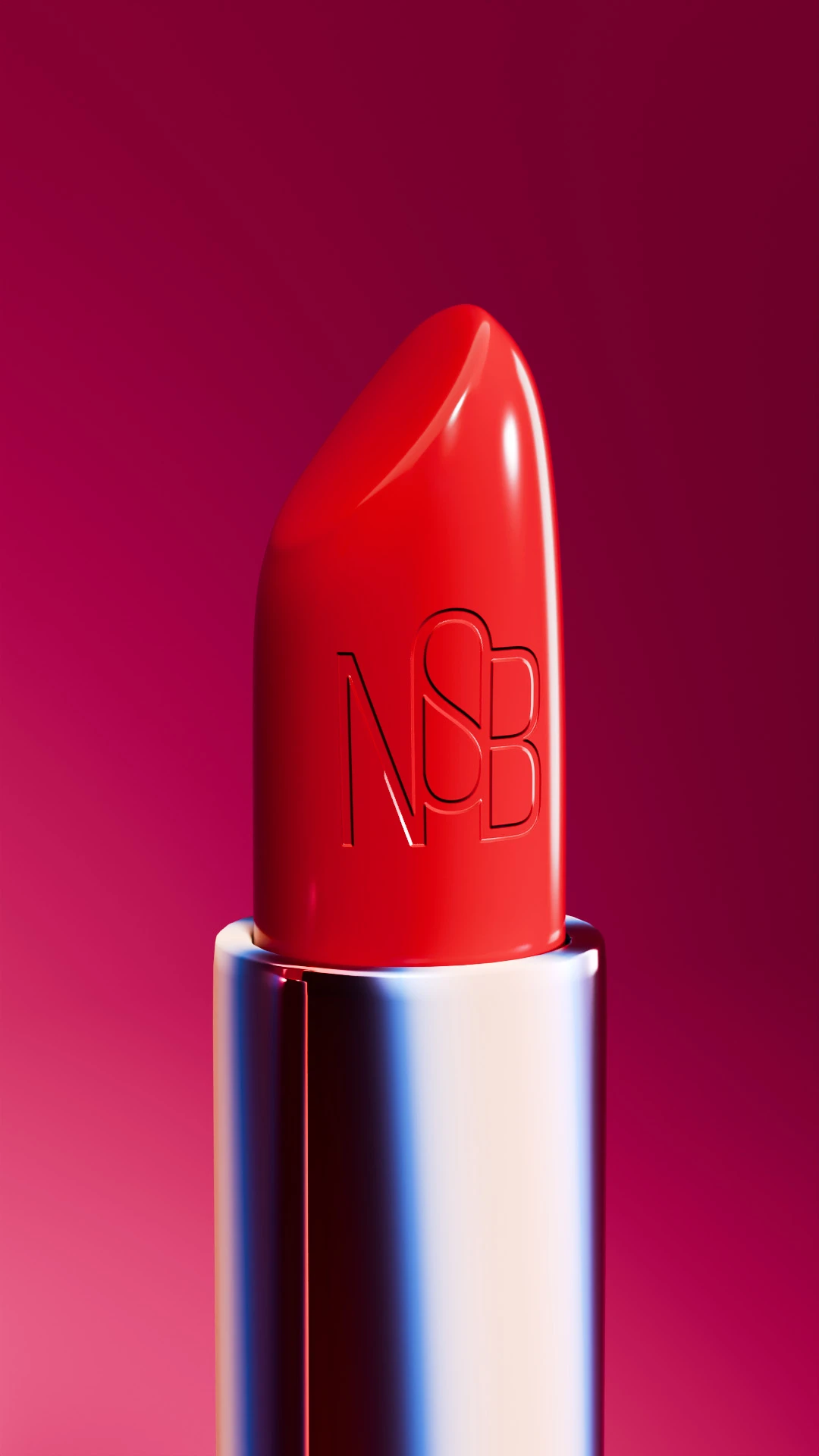 night-shade-beauty-red-lipstick-closeup Close-up of a red Night Shade Beauty lipstick bullet with the NSB logo embossed on it.