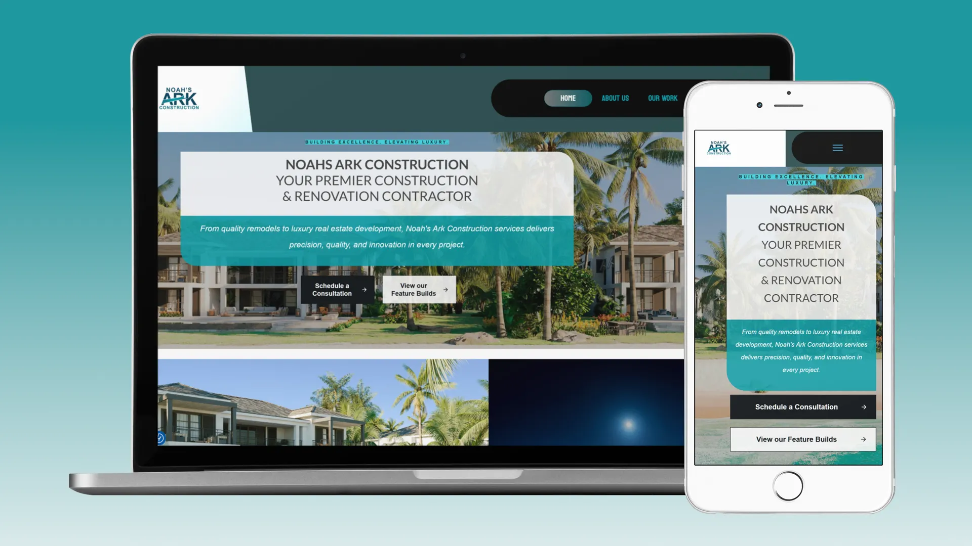 noahs ark construction website design Homepage hero showing a beachfront villa with palm trees behind a teal headline box, construction website design.