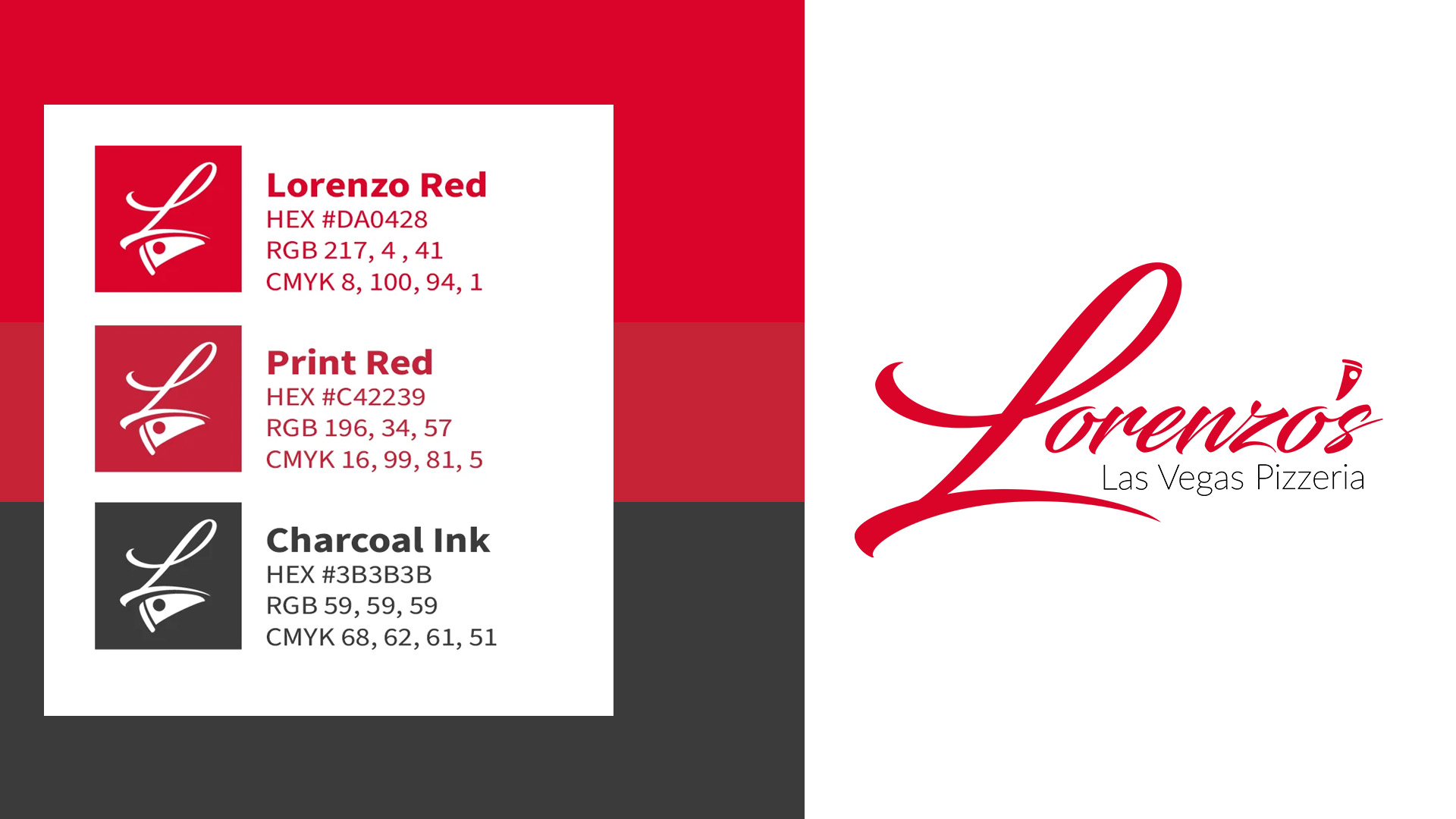 pizza restaurant logo branding Lorenzo's brand color palette with Lorenzo Red, Print Red, and Charcoal Ink hex, RGB, and CMYK values beside the logo