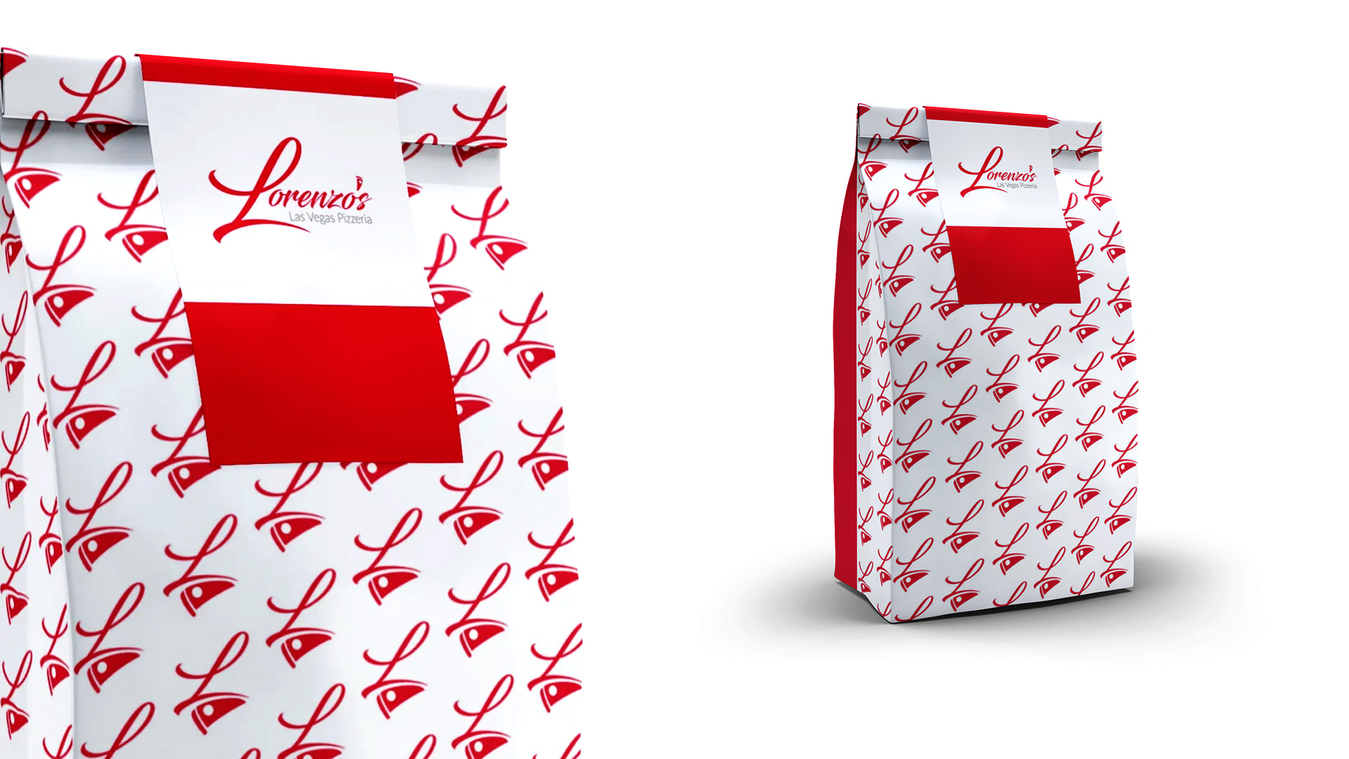 pizza to go bag design Lorenzo's takeout bags in red and white with a tiled L monogram pattern, a white logo band, and a solid red seal