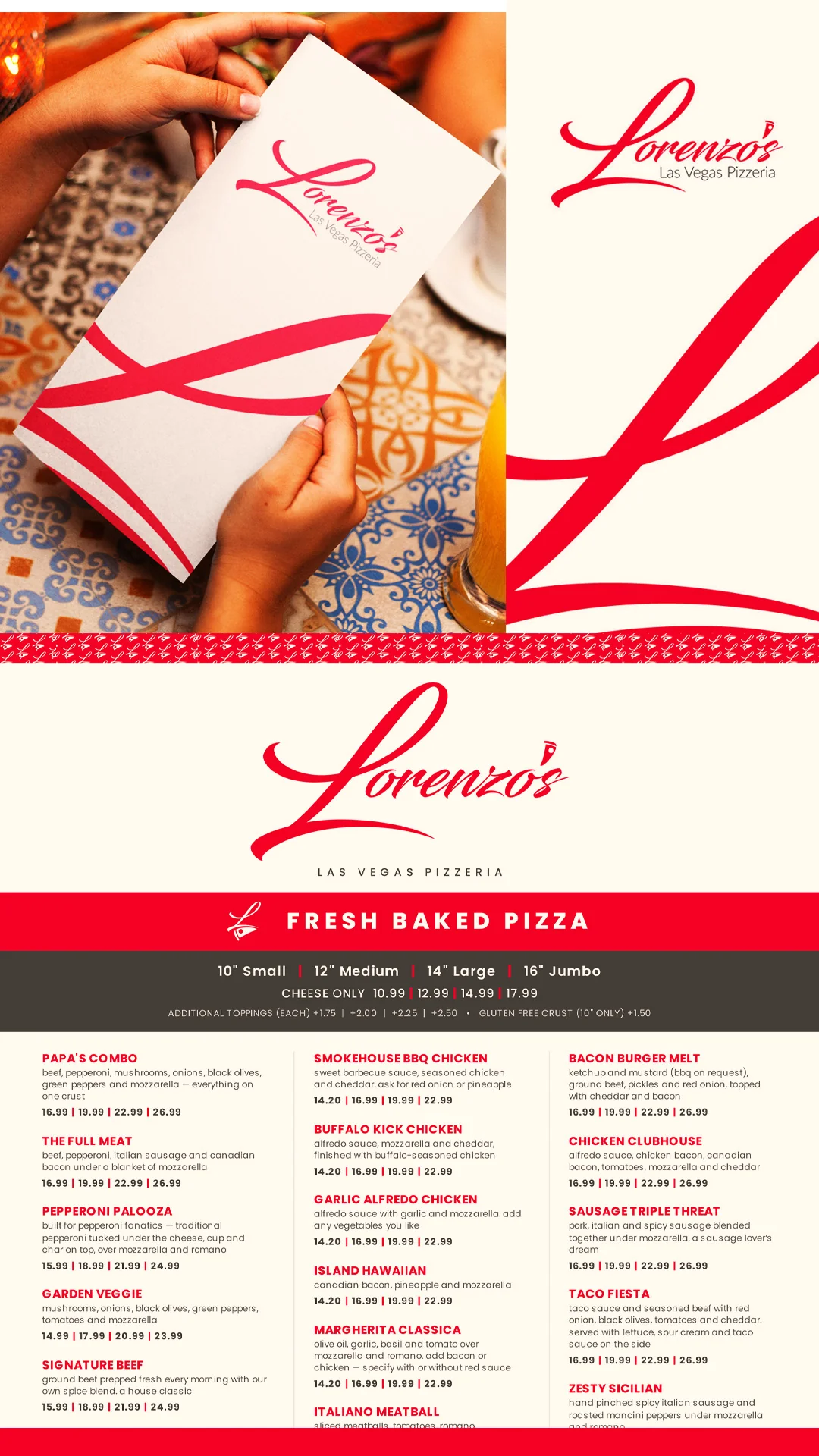 pizzeria-menu-cover-and-logo Lorenzo's menu design showing the cover, an oversized red L swash, and the Fresh Baked Pizza interior layout