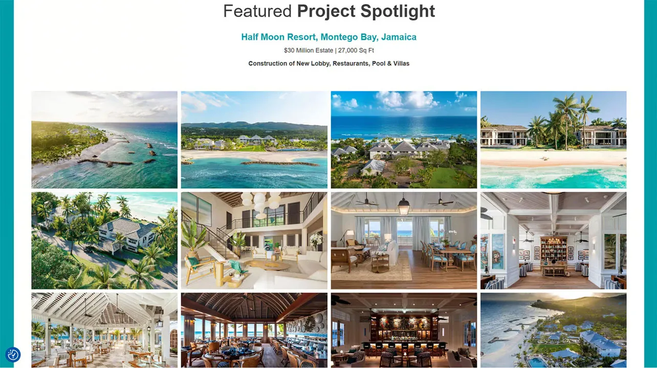 resort-project-gallery-website-design Twelve-photo grid of a Jamaican beach resort with aerial views and interiors, project spotlight website design.