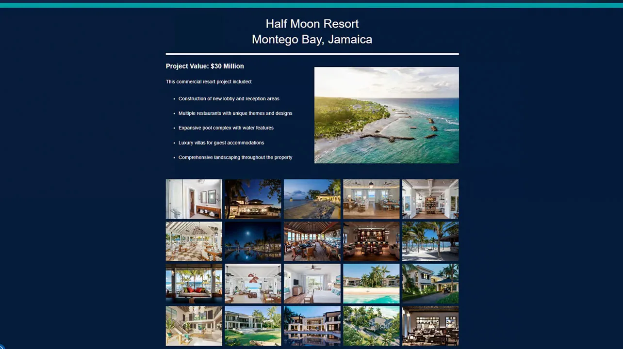 resort-project-page-website-design Navy project page with an aerial resort photo and a thumbnail gallery of villas, construction website design.
