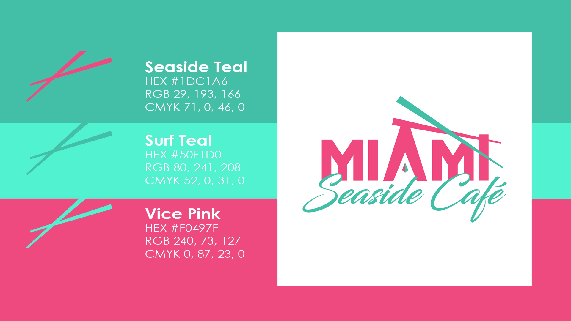 restaurant-branding-design-logo Miami Seaside Café color palette with Seaside Teal, Surf Teal, and Vice Pink hex, RGB, and CMYK values beside the logo