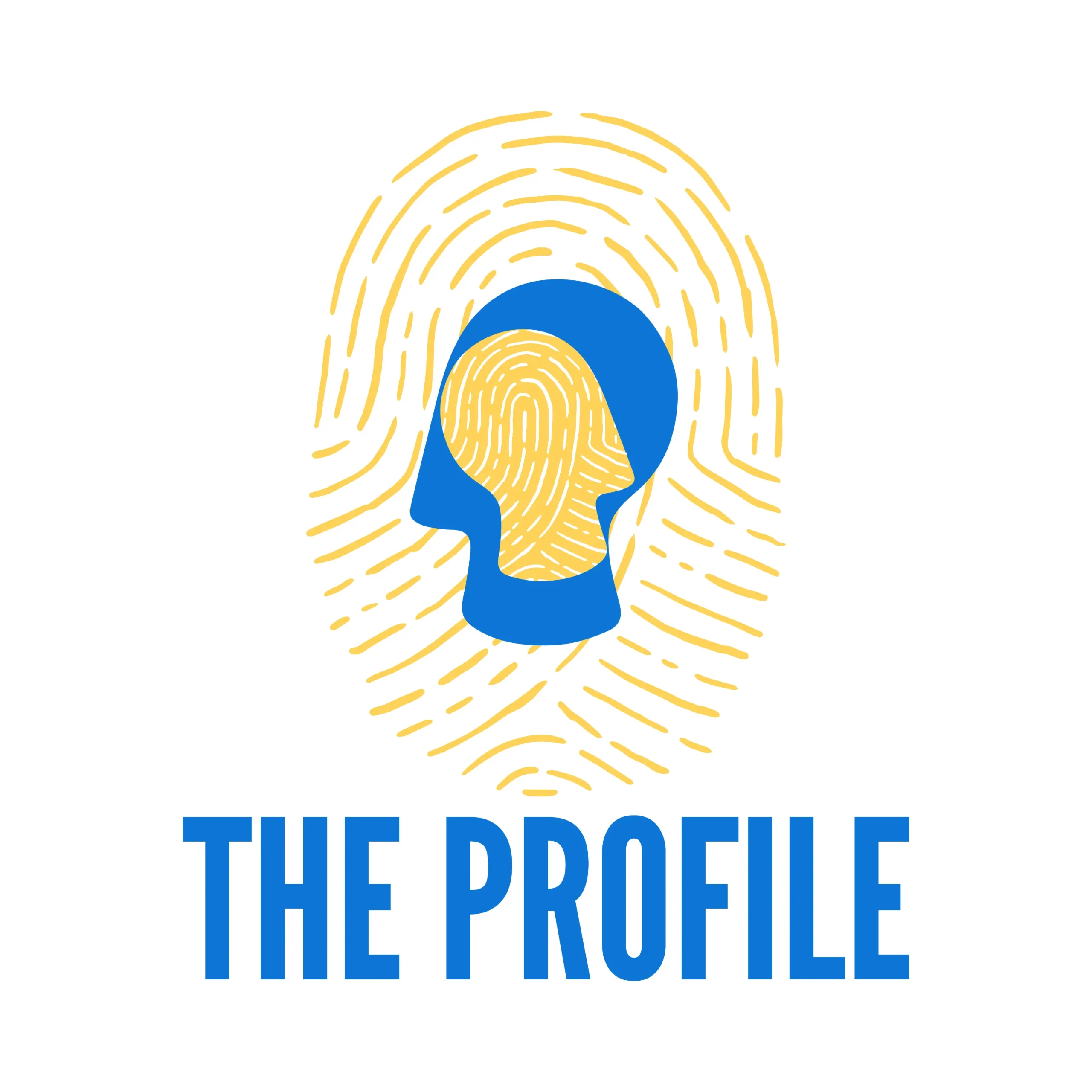 The Profile fingerprint logo industry design Yellow fingerprint with a blue head silhouette cutout above the words The Profile.