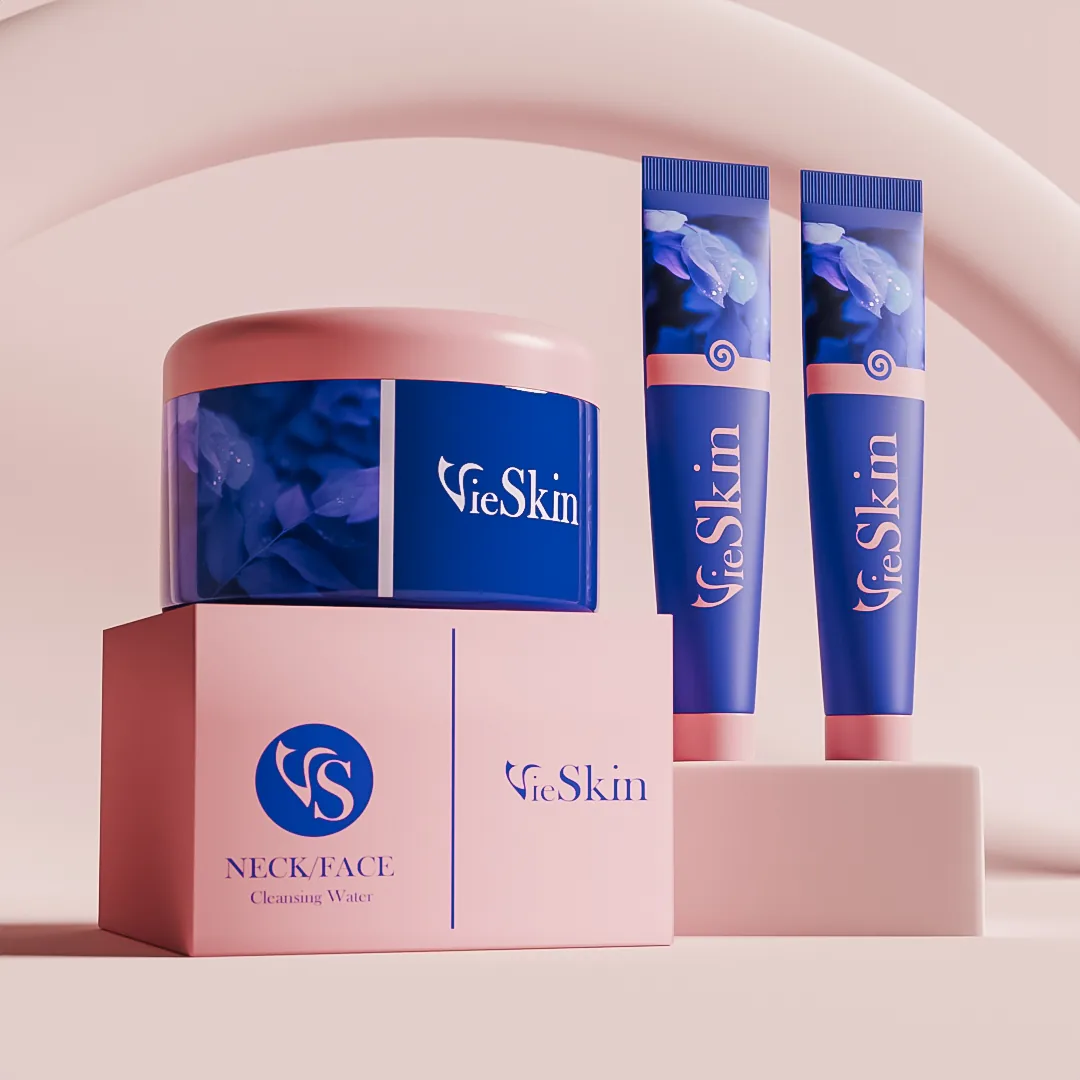 VieSkin skincare packaging industry design Blue VieSkin cleansing jar and two tubes on pink boxes against a soft pink arch.