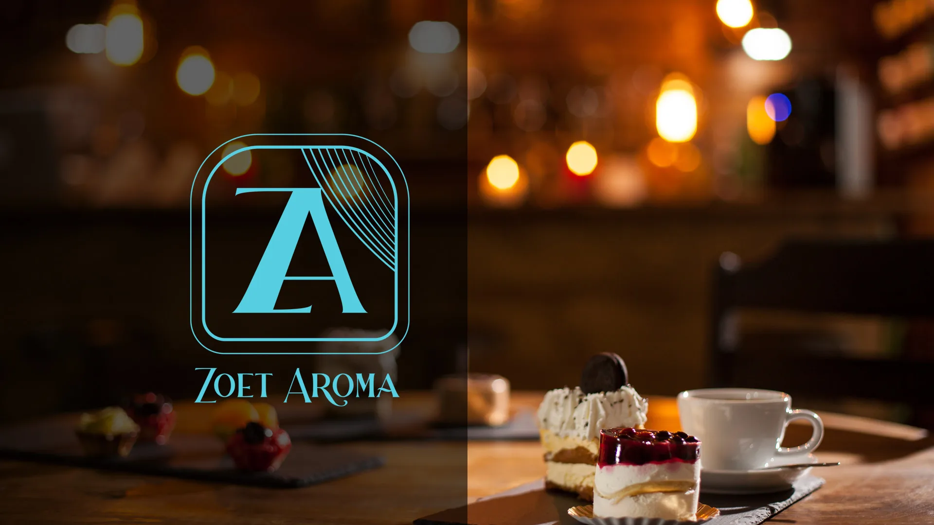 Zoet Aroma industry design cafe desserts Cheesecake slices and a white coffee cup on a wooden table in a warmly lit cafe.